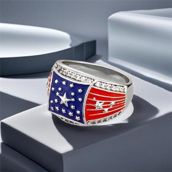 American Flag Rings for Men Silver Plated - Patriotic Chunky Ring Trendy - Picture 3 of 6